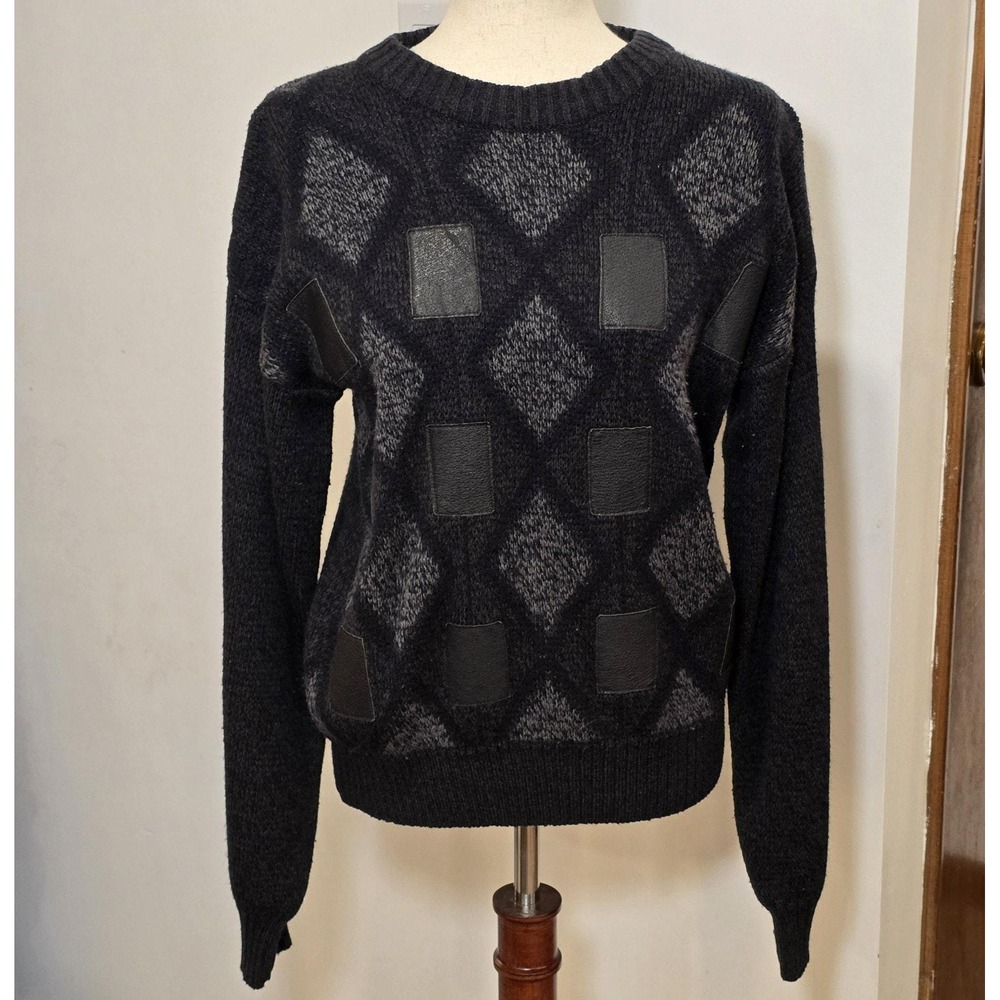 Mens Black Vintage Acrylic Sweater Leather Accent Geometric Retro Grandpa‎ M